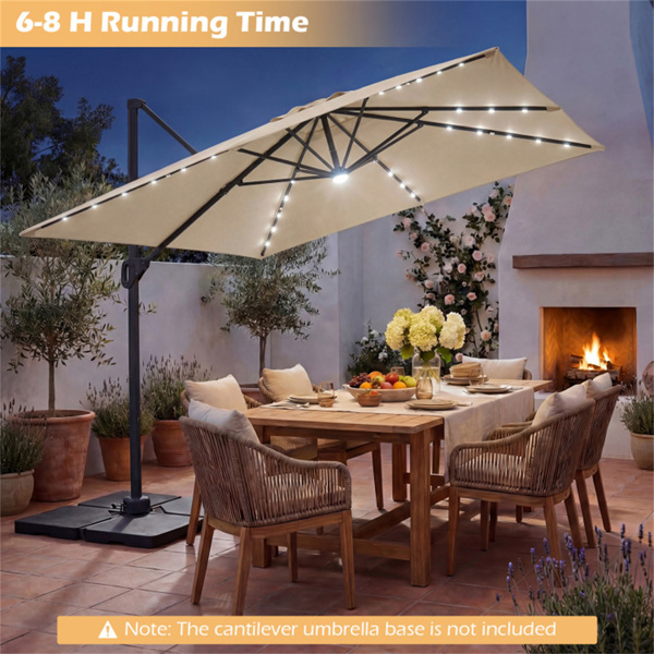 10x10英尺米色太阳能LED悬臂式露台伞360°旋转偏置带灯挂伞-9