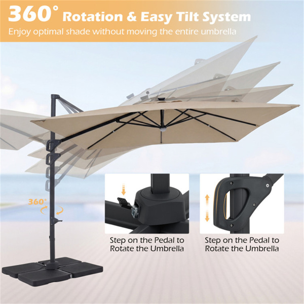 10x10英尺米色太阳能LED悬臂式露台伞360°旋转偏置带灯挂伞-4