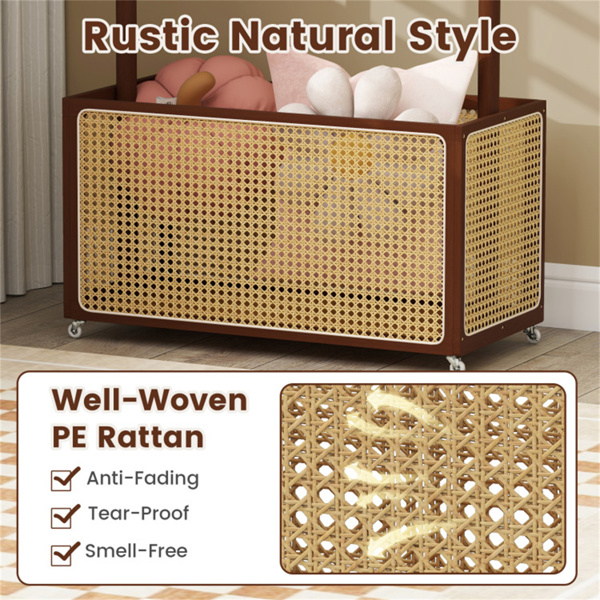 二合一竹制衣架，带滚轮和60L储物篮-棕色-10