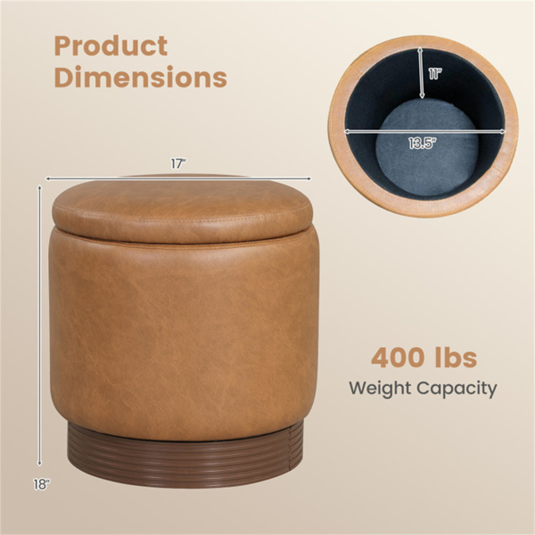 棕色360°旋转储物奥斯曼，43.18×45.72cm仿皮梳妆台凳，带26.50L隐藏空间-4