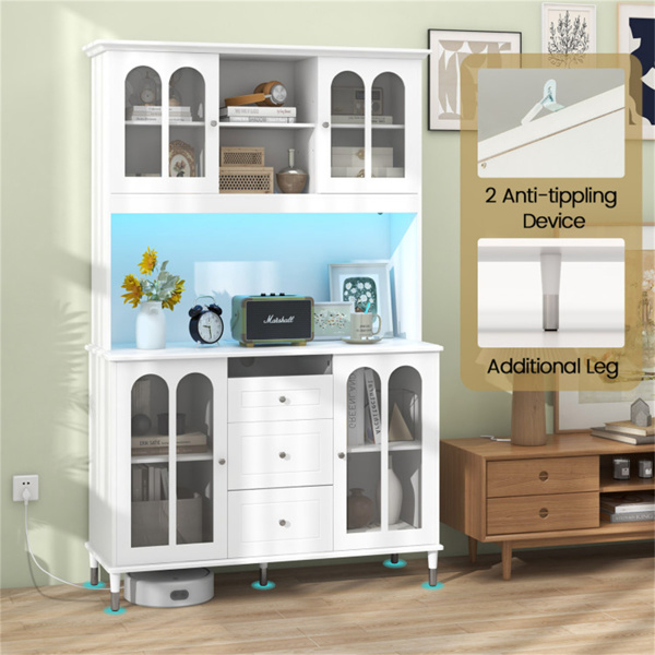 73英寸白色厨房餐具柜，带可定制的LED灯和内置充电站（USB/Type-C/AC插座）-9