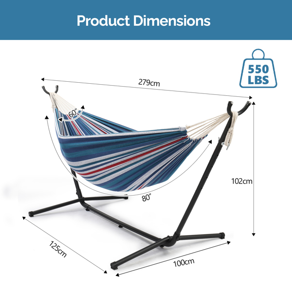 9FT 哑光黑架子 2*1.5M涤棉蓝紫条 吊床 钢管 吊床套装 330lb 牛津布收纳袋-5