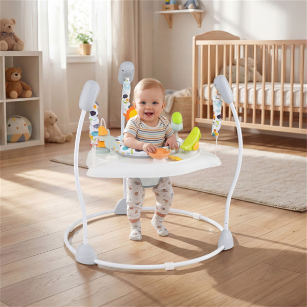 3层高度可调婴儿弹跳器，带多功能玩具，稳定的金属框架跳跃器 -白色-2