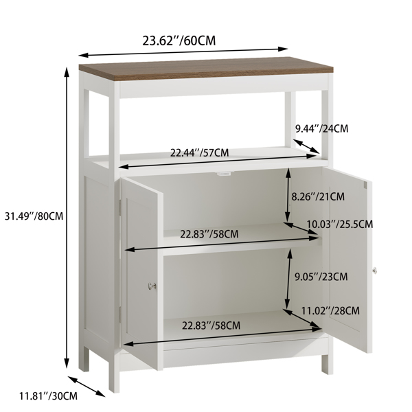 现代双门储物柜，独立式浴室柜，带可调节层板和天然木质台面，多功能收纳柜，适用于厨房、客厅、浴室或玄关 – 白色(不支持self-pick up且不支持指定仓库发货)-16