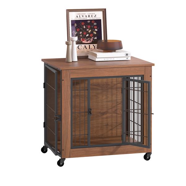 27.2英寸带轮宠物笼家具（适用于小型犬）——重型室内双门狗窝，木质宠物笼兼作边桌，坚固金属双门狗笼（专为缓解焦虑犬设计）--不支持self-pick up且不支持指定仓库发货-20