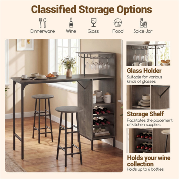 3PCS酒吧桌和凳子套装，葡萄酒储存（6瓶+酒杯架），橡木-9