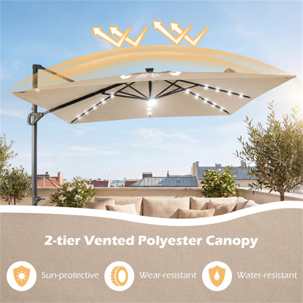 10x10英尺米色太阳能LED悬臂式露台伞360°旋转偏置带灯挂伞-7