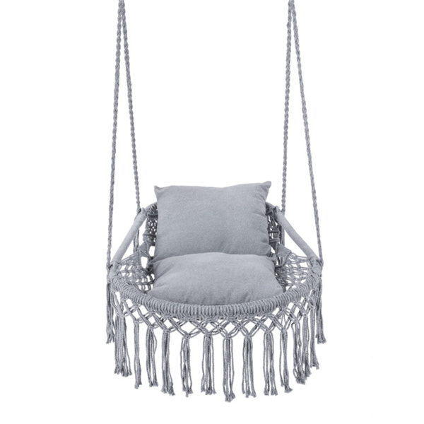 波西米亚流苏结 秋千带2个软垫的悬挂秋千椅，可容纳330磅的吊床椅，适用于室内室外卧室露台阳台-灰色-5