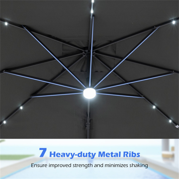 10x10英尺灰色太阳能LED悬臂式露台伞360°旋转偏置带灯挂伞-4