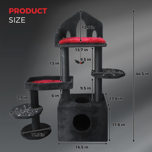 黑色哥特式猫树，多层诡异猫树，带抓柱、栖木、吊床和猫洞 - 室内猫黑色猫塔，带互动玩具，适合多猫家庭，44.5英寸--不支持self-pick up且不支持指定仓库发货-2