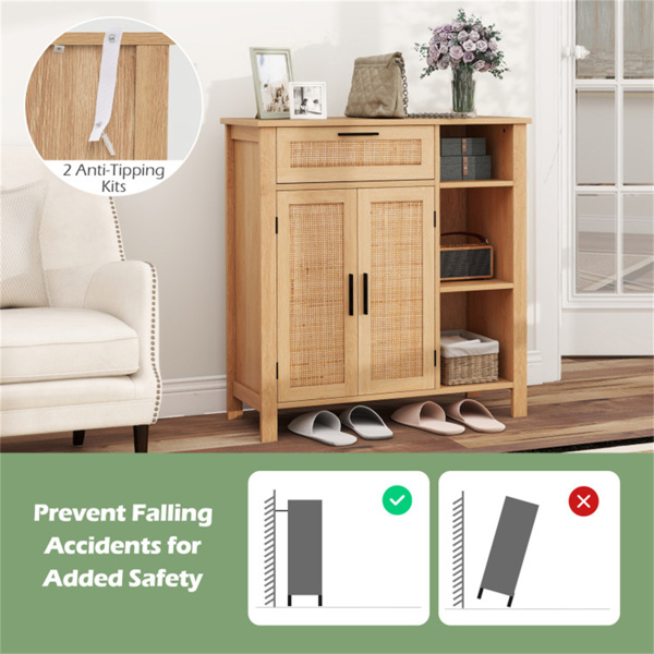 天然藤条自助餐侧板、抽屉和3个开放式架子、3位可调节橱柜架-8