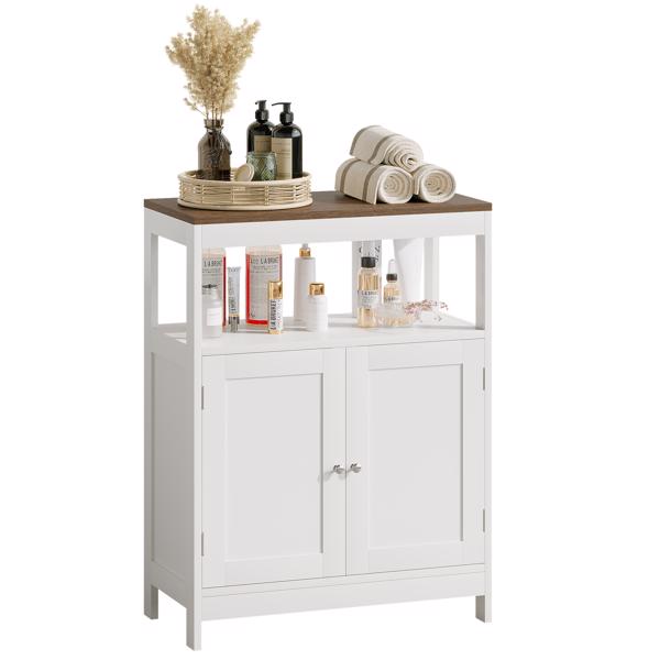 现代双门储物柜，独立式浴室柜，带可调节层板和天然木质台面，多功能收纳柜，适用于厨房、客厅、浴室或玄关 – 白色(不支持self-pick up且不支持指定仓库发货)-12