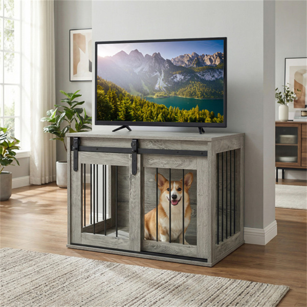 31.5英寸带滑动谷仓门的狗笼家具，室内使用的木制狗舍端桌 - 灰色-10