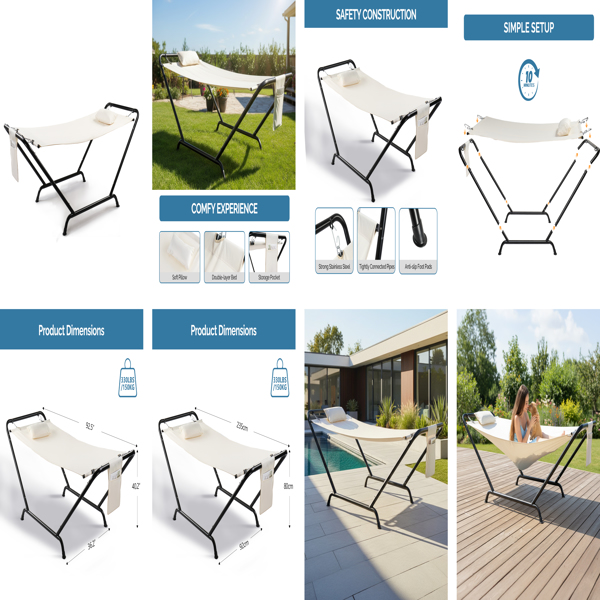 235*92*80CM 2*0.9M 600D双层牛津布吊床 米白色 吊床套装 550lbs-3