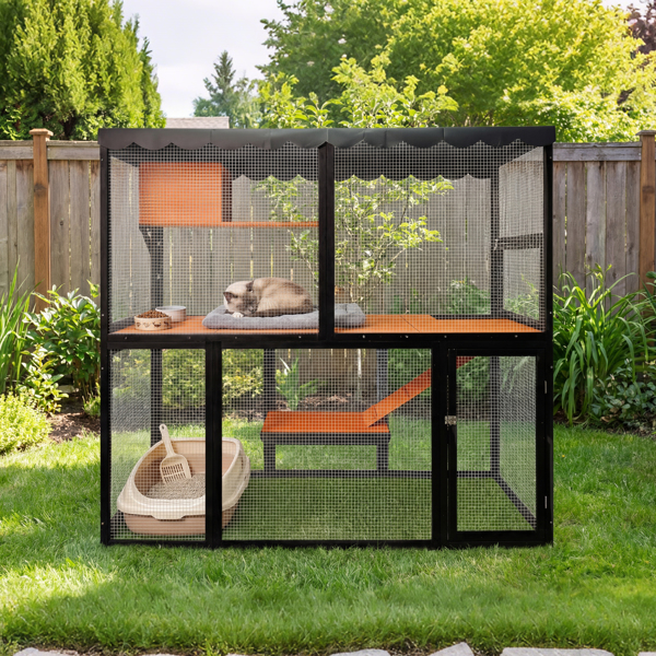 木制猫舍户外猫笼大型猫屋，适合多只猫咪散步，室内四层猫笼屋，带防水罩和坡道--不支持self-pick up且不支持指定仓库发货-3