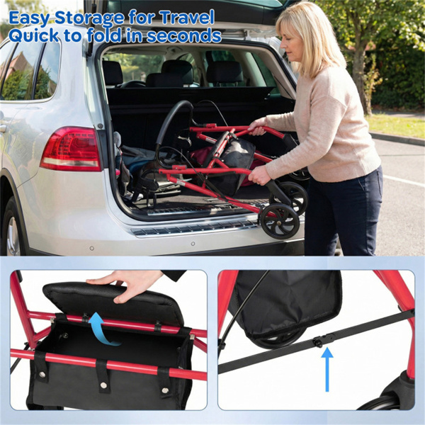 带座椅的二合一滚轮助行器（红色），8英寸大车轮和多功能制动系统，高度可调-7