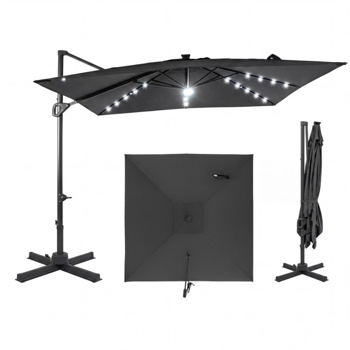 10x10英尺灰色太阳能LED悬臂式露台伞360°旋转偏置带灯挂伞