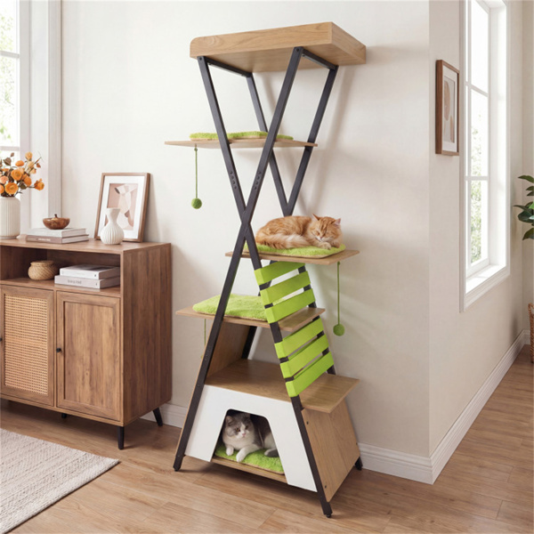 73英寸多层猫树，带公寓和鲈鱼，多猫攀爬塔，带抓地垫和互动玩具-7