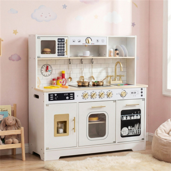 儿童木制游戏厨房，配有逼真的灯光和声音，为3岁幼儿提供假装制冰机和储物空间+ - 白色-1