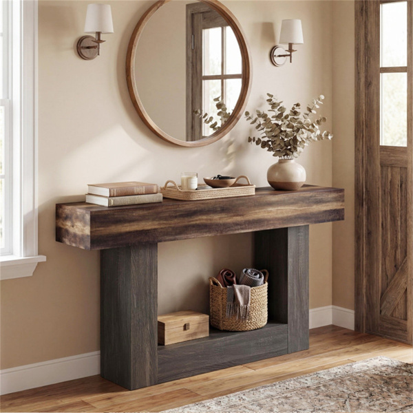 63英寸长窄入口桌，带防倾安全功能，农舍沙发控制台桌，带客厅走廊门厅两层储物空间-5