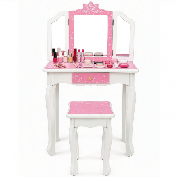  粉色 雪花 密度板喷漆 三折镜 单抽 梳妆桌套装 儿童 N201-5