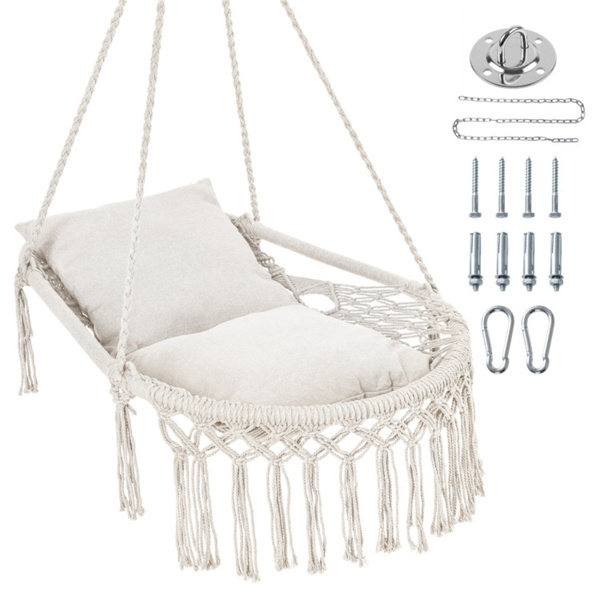 波西米亚流苏结 秋千带2个软垫的悬挂秋千椅，可容纳330磅的吊床椅，适用于室内室外卧室露台阳台-米色-1