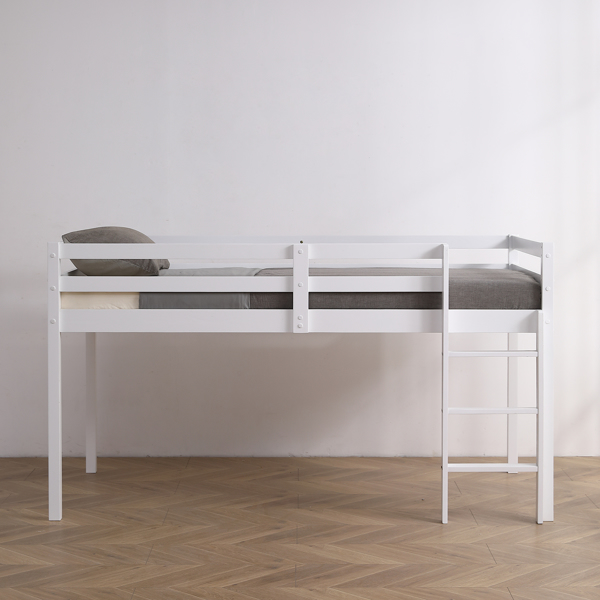 白色 油漆面 松木+胶合板 横撑护栏 Twin 儿童木床 带直梯 半高床 美国-17