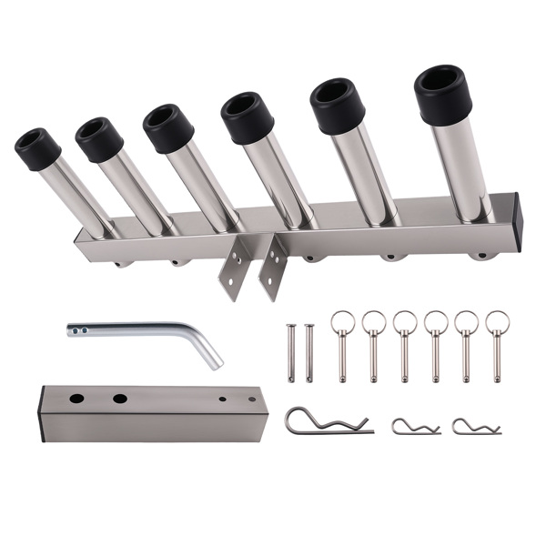 Adjustable Fishing Pole Rack 6 Rods Steel fit for 2" Hitch Receiver Mount Holds-6