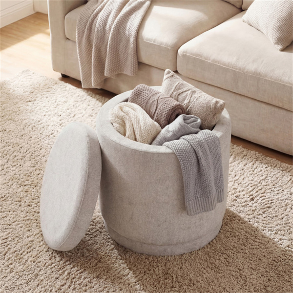 7.7加仑圆形储物奥斯曼脚凳，带相思木框架，400磅承重脚凳 - 米色-8