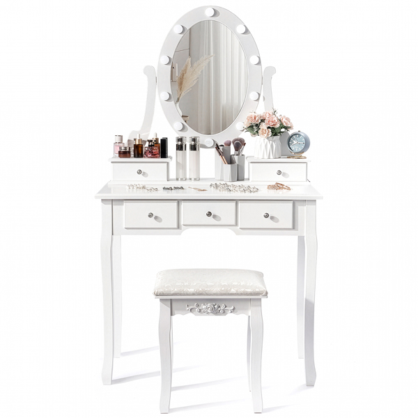 五抽单镜梳妆桌套装 欧式 带灯泡 白色=39757282,61588080-1