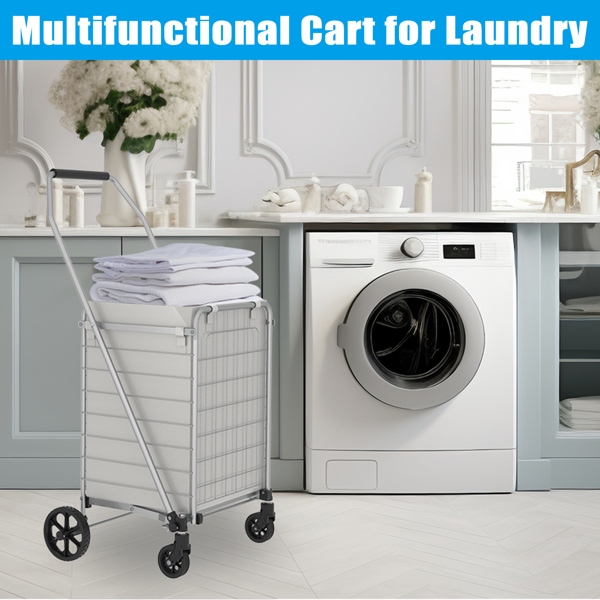 带置物架购物推车，带轮杂货手推车——双篮可折叠多功能购物推车，配备360°旋转滚轮，适用于购物及洗衣搬运（灰色）--不支持self-pick up且不支持指定仓库发货-2