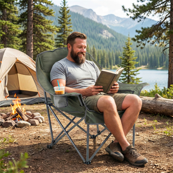 绿色重型折叠露营椅，PVC涂层600D牛津布，X形金属框架和防滑脚垫-8