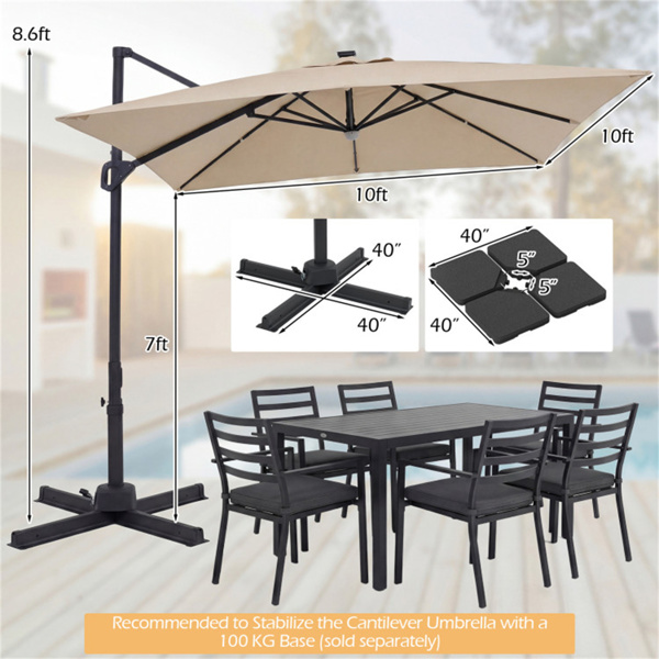 10x10英尺米色太阳能LED悬臂式露台伞360°旋转偏置带灯挂伞-6