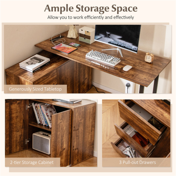 可逆L形办公桌，内置充电站，带抽屉和文件柜的家庭办公桌 - 棕色-6