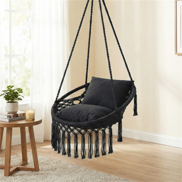 波西米亚流苏结 秋千带2个软垫的悬挂秋千椅，可容纳330磅的吊床椅，适用于室内室外卧室露台阳台-黑色-4