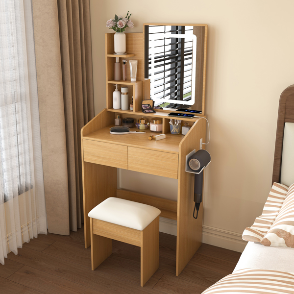 带LED照明镜、电源插座、吹风机支架和凳子的梳妆台 – 适用于小卧室的紧凑型梳妆台（木质）不支持self-pick up且不支持指定仓库发货-3