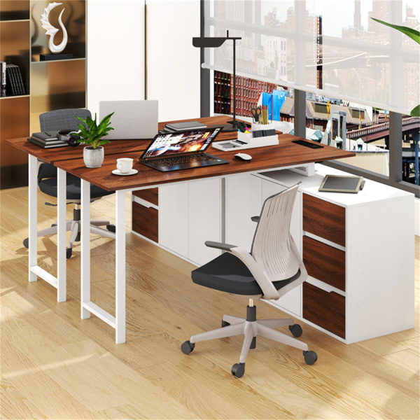 可逆L形办公桌，内置充电站，带抽屉和文件柜的家庭办公桌 - 白色-10