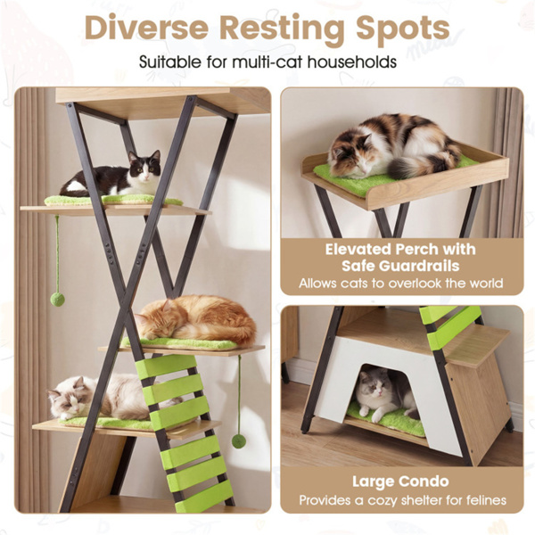 73英寸多层猫树，带公寓和鲈鱼，多猫攀爬塔，带抓地垫和互动玩具-8