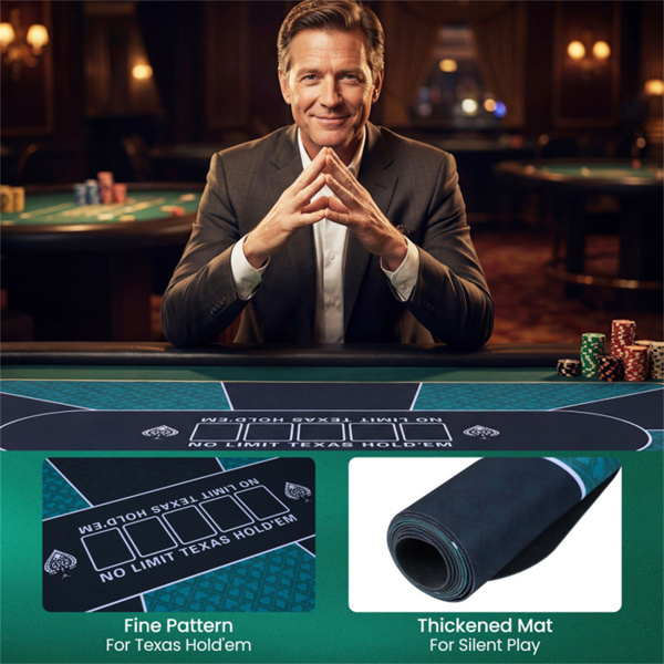 70英寸×35英寸10人XL扑克桌垫，防滑橡胶底座防泼洒多氨纶桌面，带手提包（黑色和绿色）-7