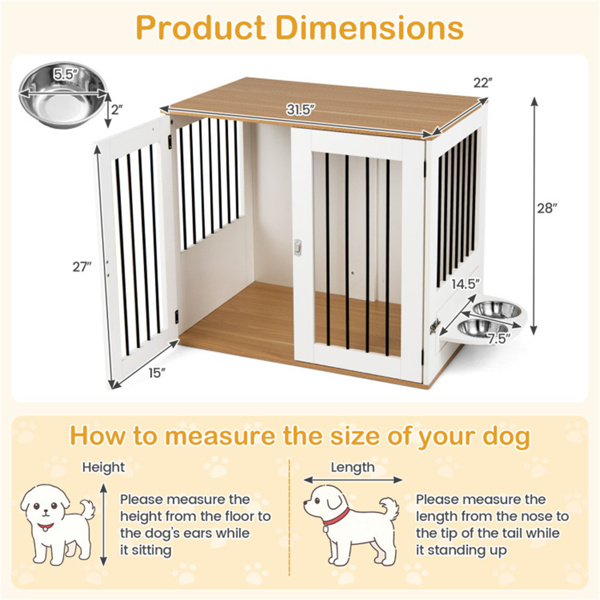 家具式狗笼，带360°旋转喂食器和304不锈钢碗，双锁室内狗舍-6