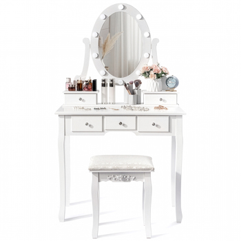 白色 密度板喷漆 带灯泡 五抽 单镜 梳妆桌套装 欧式 