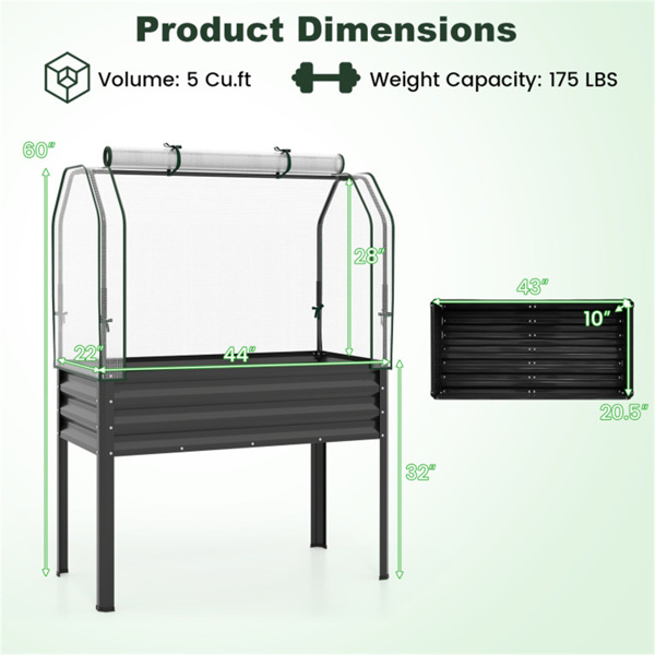三合一金属高架花园床，带迷你温室盖，高架花盆箱-黑色-4