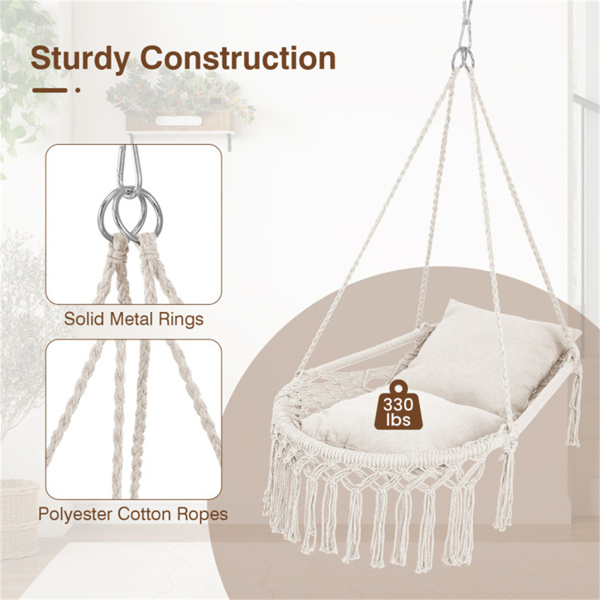 波西米亚流苏结 秋千带2个软垫的悬挂秋千椅，可容纳330磅的吊床椅，适用于室内室外卧室露台阳台-米色-7