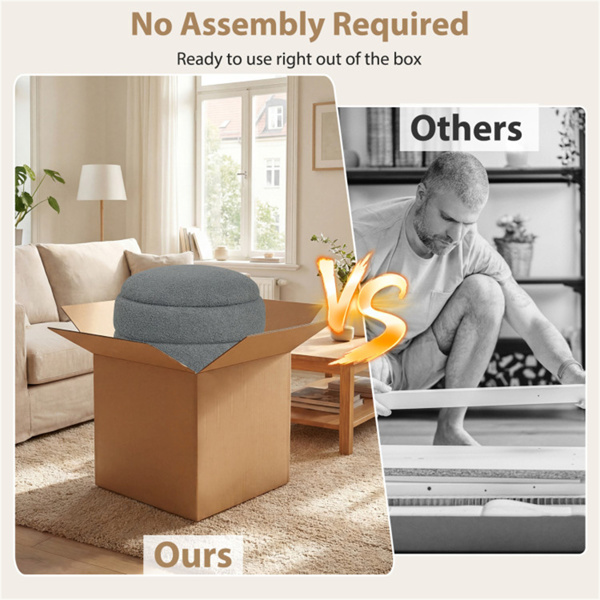 圆形旋转储物脚凳，带实木框架，无需组装，储物空间为5.5加仑-灰色-7