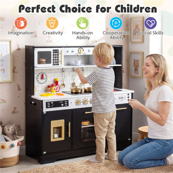 儿童木制游戏厨房，配有逼真的灯光和声音，为3岁幼儿提供假装制冰机和储物空间+ - 黑色-11