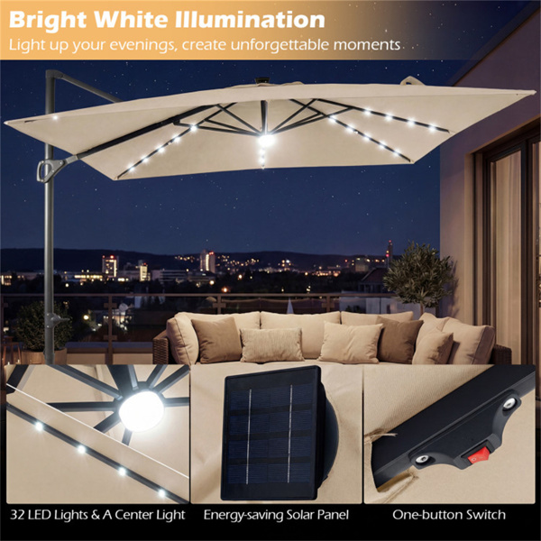 10x10英尺米色太阳能LED悬臂式露台伞360°旋转偏置带灯挂伞-3