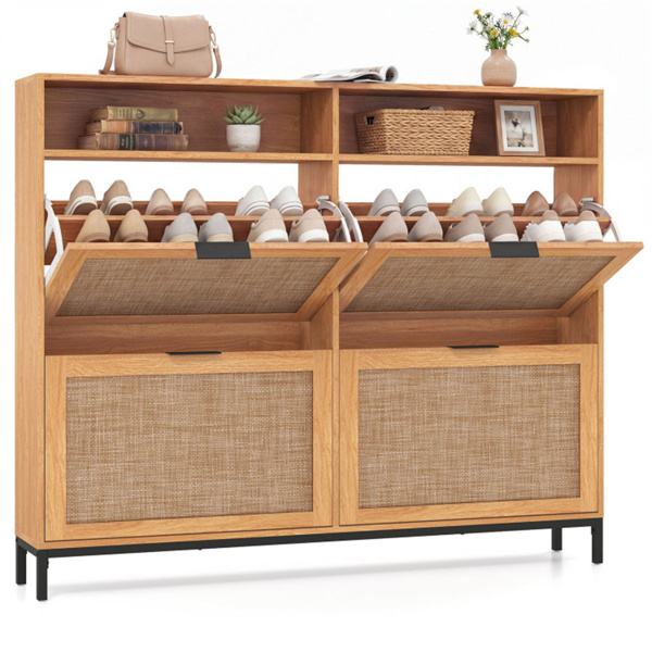 波西米亚风格鞋柜，带4个翻转抽屉和开放式架子，入口独立式鞋柜-棕色-1
