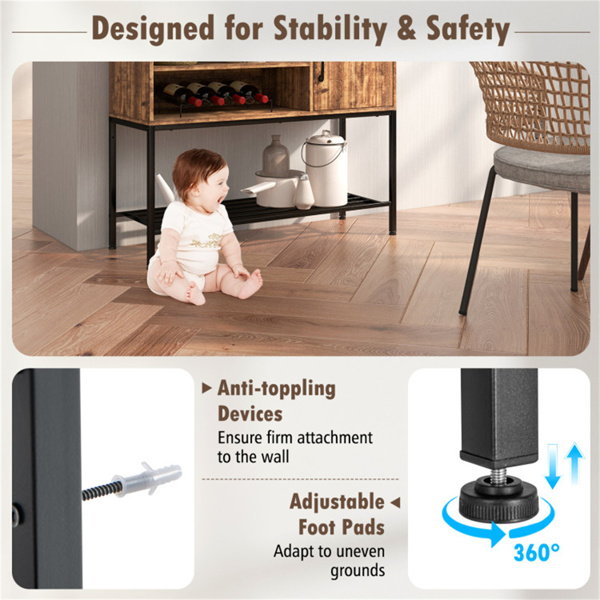 带2个交流插座和2个USB端口的乡村棕色侧板，带酒架的充电自助餐柜-棕色-8