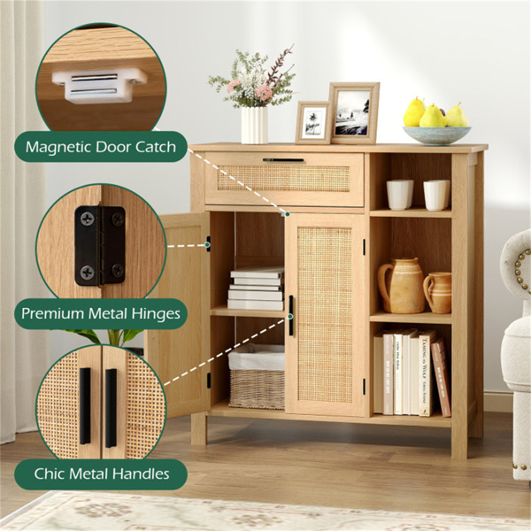 天然藤条自助餐侧板、抽屉和3个开放式架子、3位可调节橱柜架-9