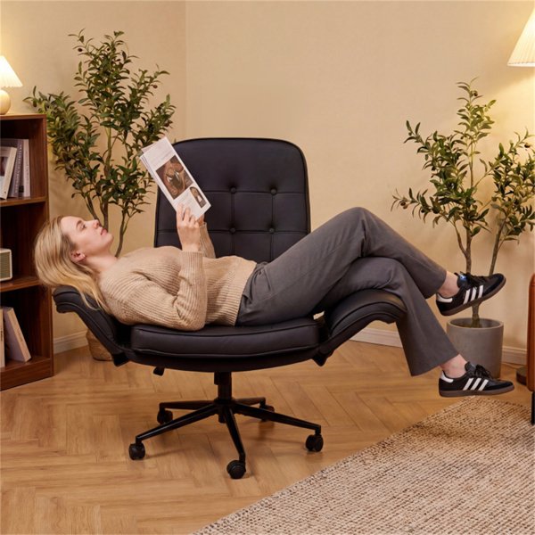 带翻转扶手的Criss十字椅，带可调节高度和摇摆功能的人造皮革交叉腿办公椅-灰色-2